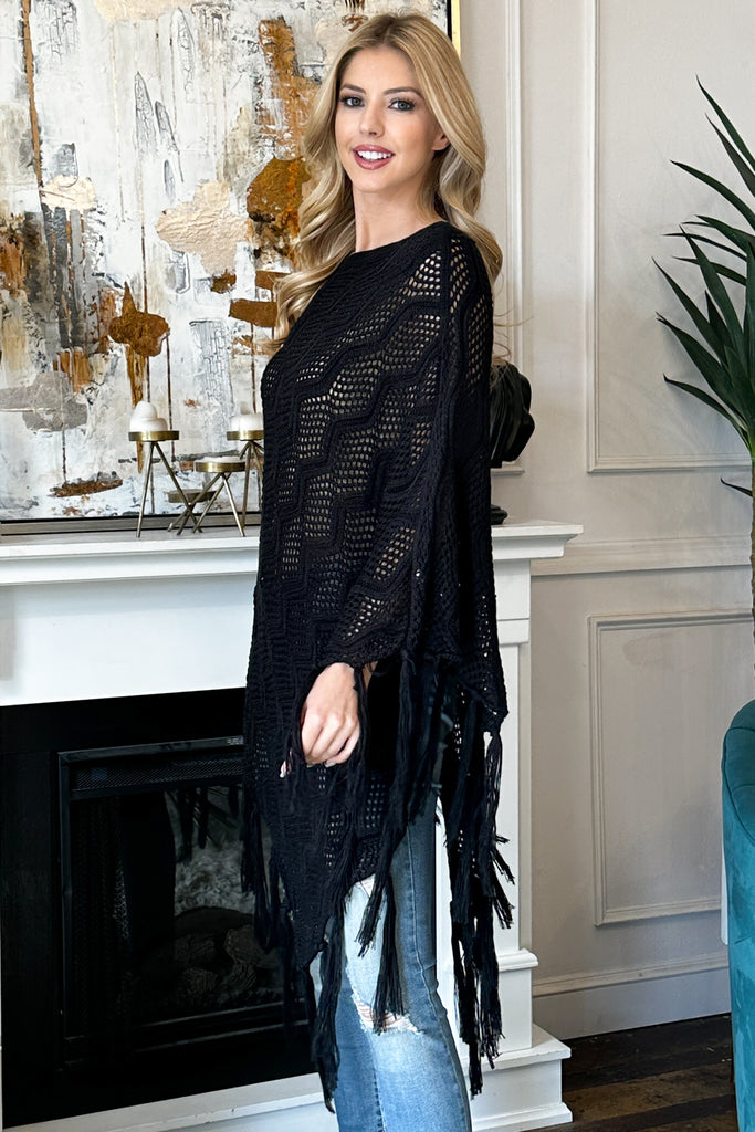 KNITTED NET WAVE PATTERN FRINGE TASSEL PONCHO