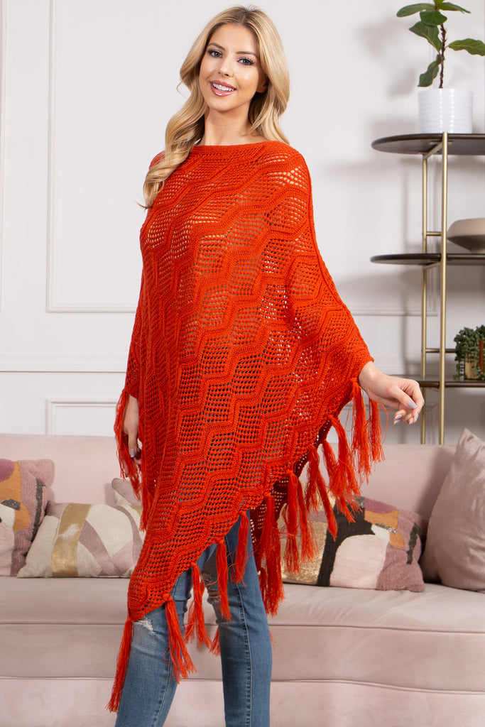 KNITTED NET WAVE PATTERN FRINGE TASSEL PONCHO