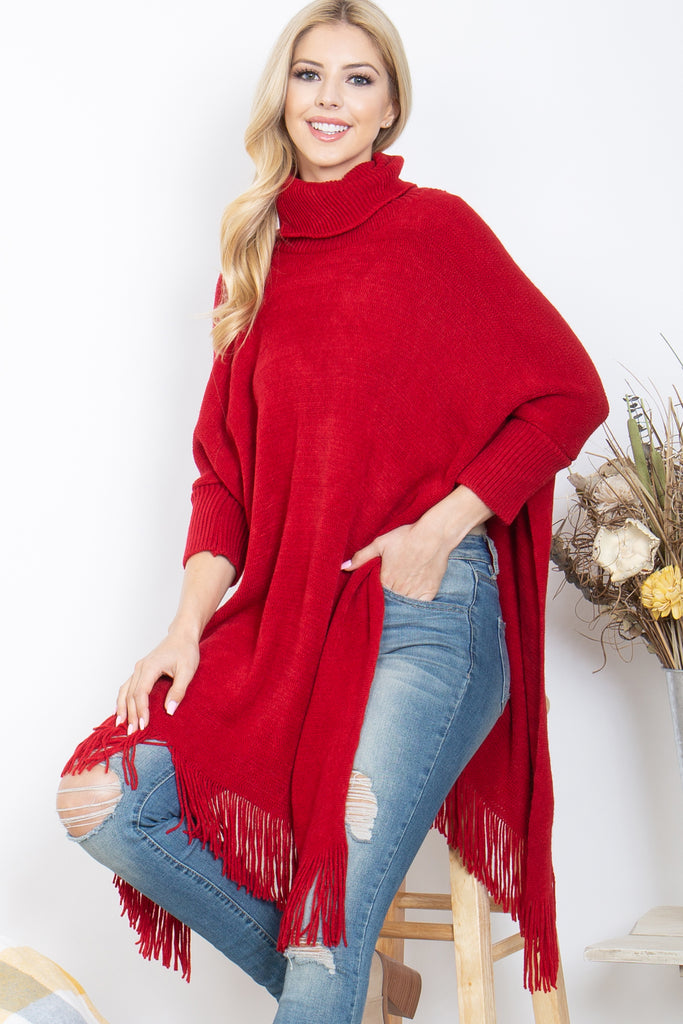 TURTLE NECK WITH SLEEVE KNIT FRINGE PONCHO