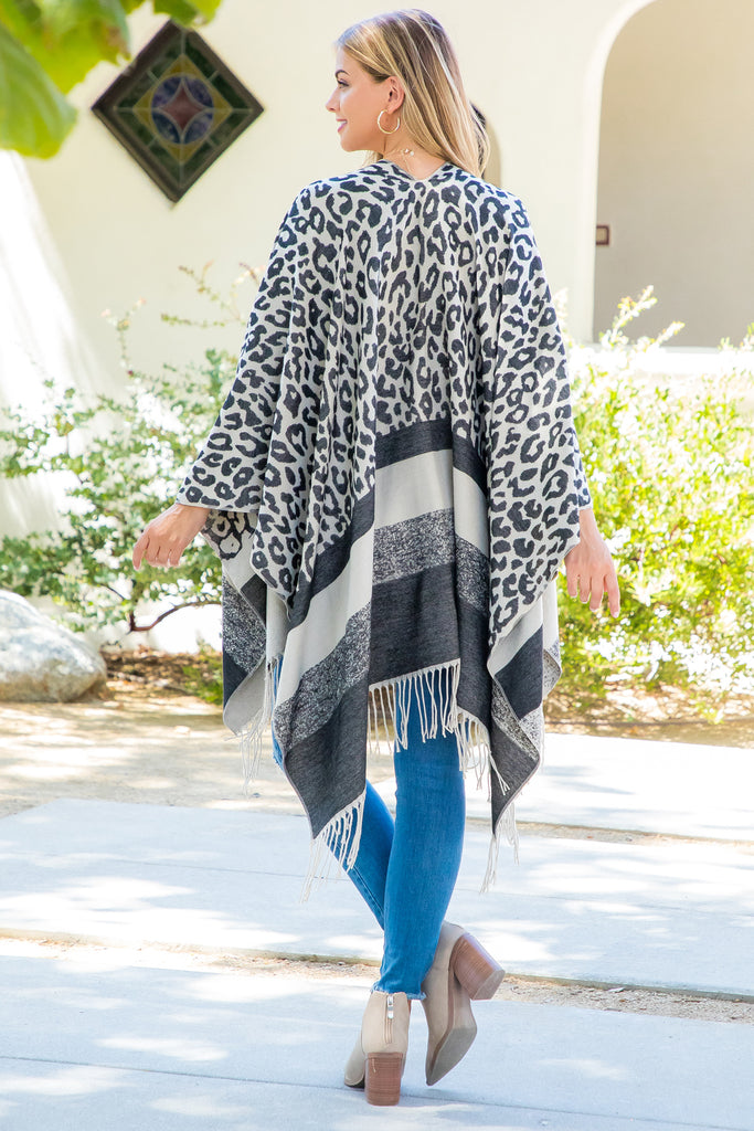 STRIPE LEOPARD FRINGE KIMONO WRAP