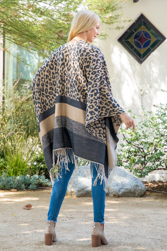 STRIPE LEOPARD FRINGE KIMONO WRAP