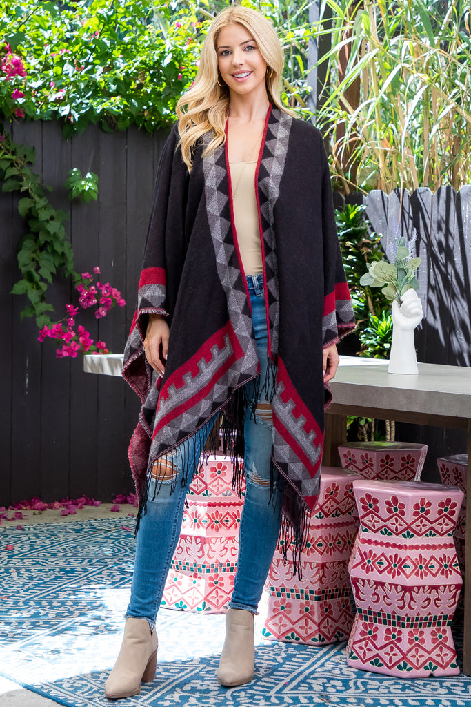 AZTEC BORDER LINE FRINGE KIMONO WRAP