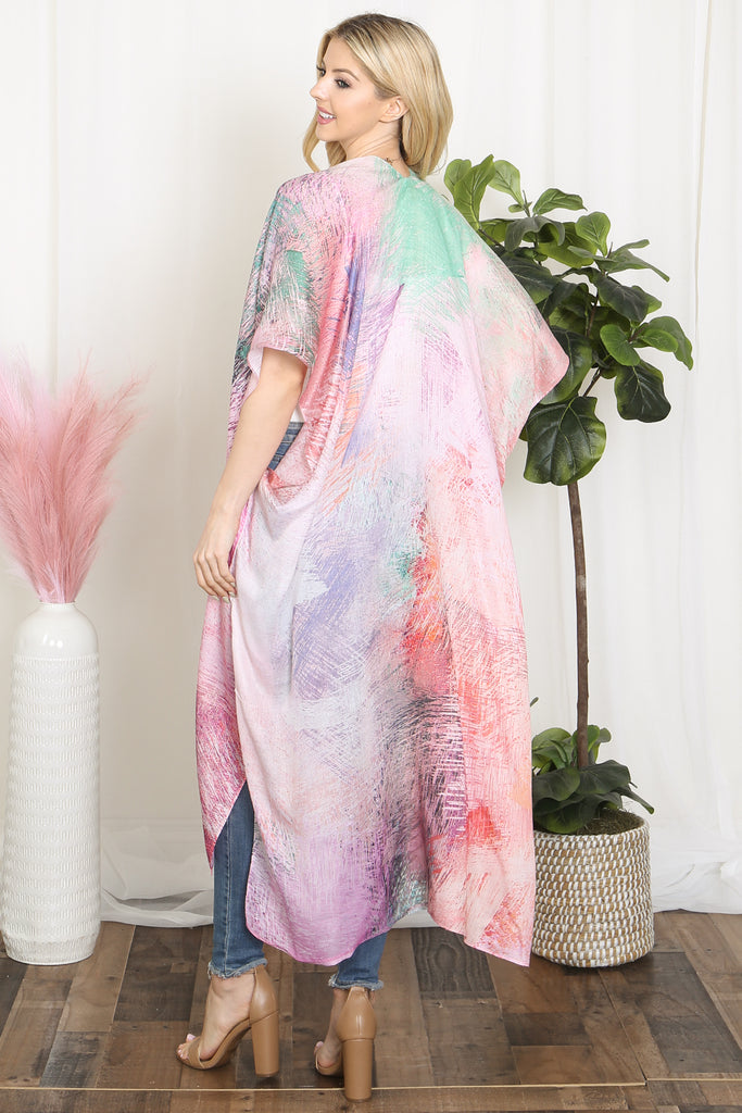 TIE DYE MULTICOLOR SPLATTER LINE PRINT OPEN FRONT LONG KIMONO