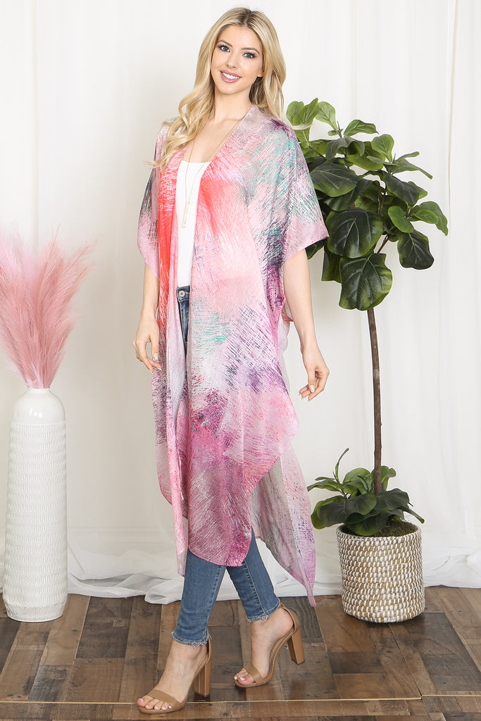 TIE DYE MULTICOLOR SPLATTER LINE PRINT OPEN FRONT LONG KIMONO
