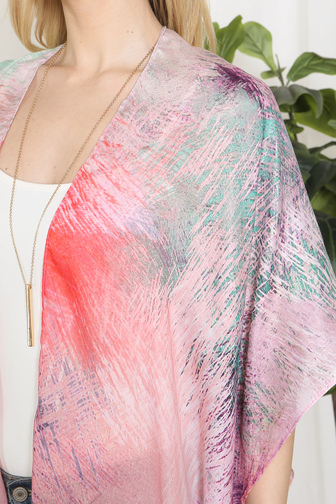 TIE DYE MULTICOLOR SPLATTER LINE PRINT OPEN FRONT LONG KIMONO