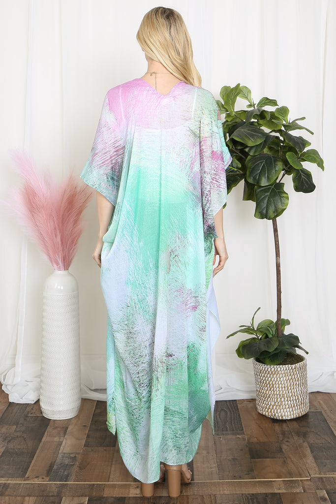 TIE DYE MULTICOLOR SPLATTER LINE PRINT OPEN FRONT LONG KIMONO