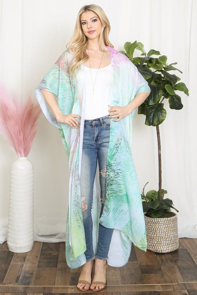 TIE DYE MULTICOLOR SPLATTER LINE PRINT OPEN FRONT LONG KIMONO