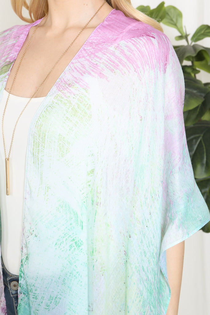 TIE DYE MULTICOLOR SPLATTER LINE PRINT OPEN FRONT LONG KIMONO