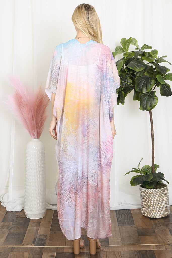 TIE DYE MULTICOLOR SPLATTER LINE PRINT OPEN FRONT LONG KIMONO