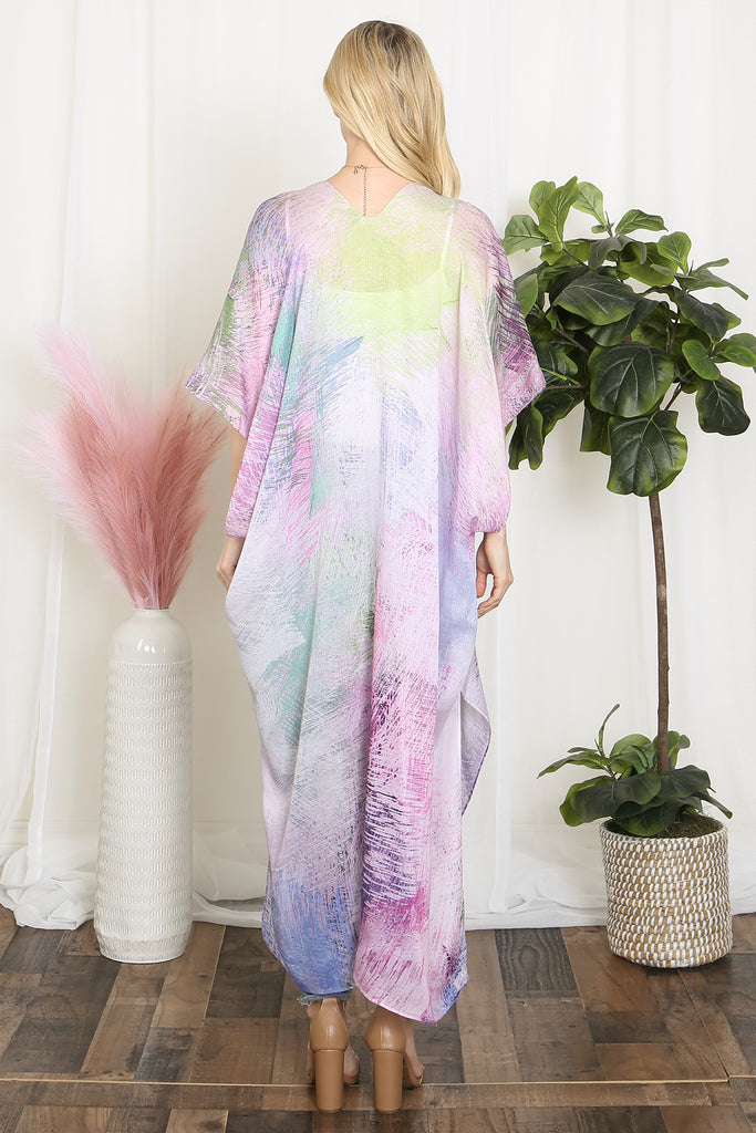TIE DYE MULTICOLOR SPLATTER LINE PRINT OPEN FRONT LONG KIMONO