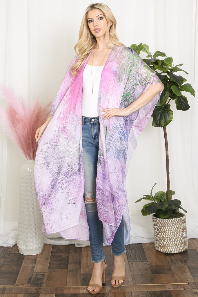 TIE DYE MULTICOLOR SPLATTER LINE PRINT OPEN FRONT LONG KIMONO