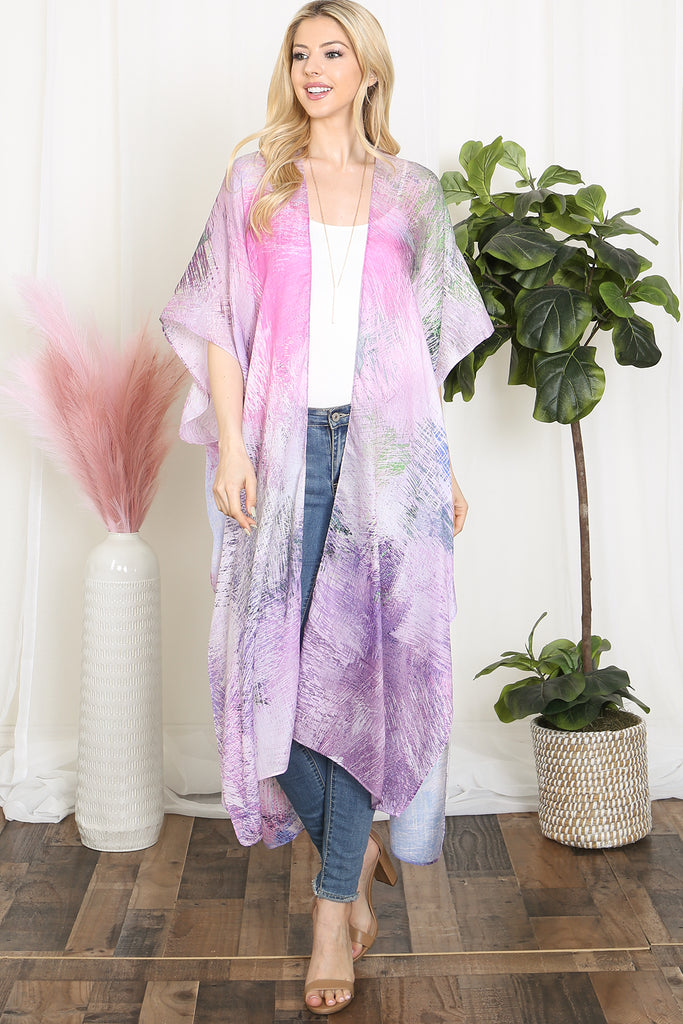 TIE DYE MULTICOLOR SPLATTER LINE PRINT OPEN FRONT LONG KIMONO