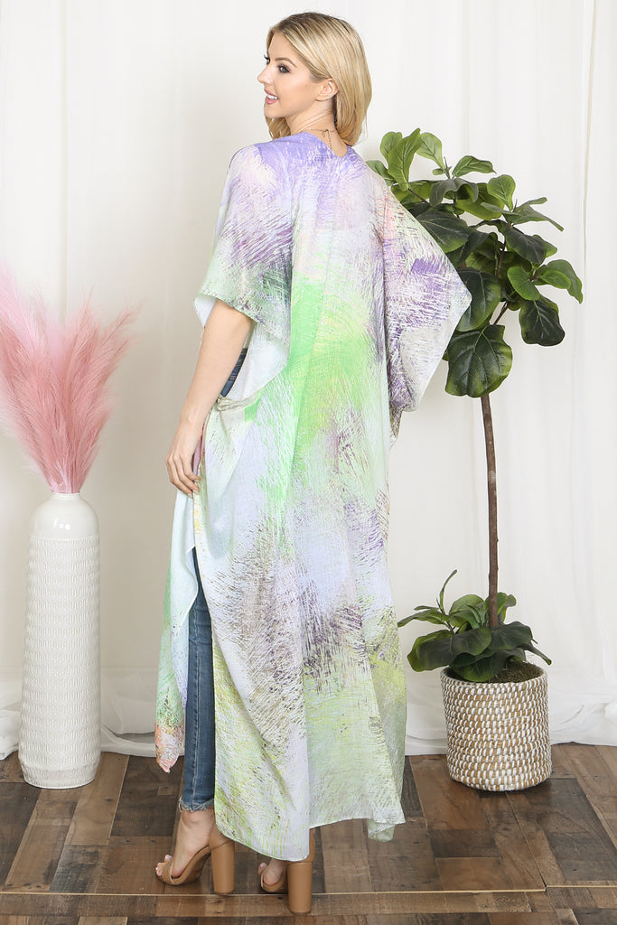 TIE DYE MULTICOLOR SPLATTER LINE PRINT OPEN FRONT LONG KIMONO