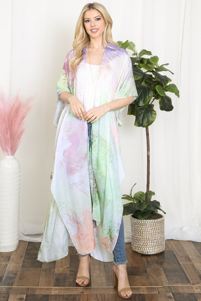 TIE DYE MULTICOLOR SPLATTER LINE PRINT OPEN FRONT LONG KIMONO