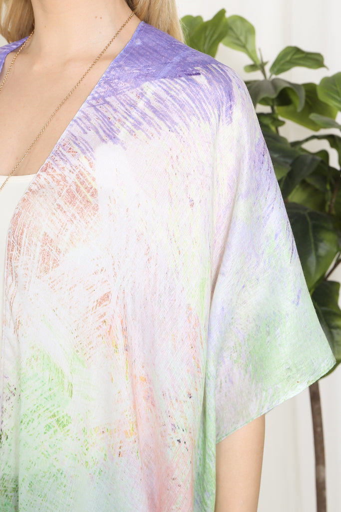 TIE DYE MULTICOLOR SPLATTER LINE PRINT OPEN FRONT LONG KIMONO