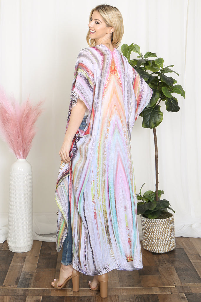 GRAIN LINE MULTICOLOR PRINT OPEN FRONT LONG KIMONO