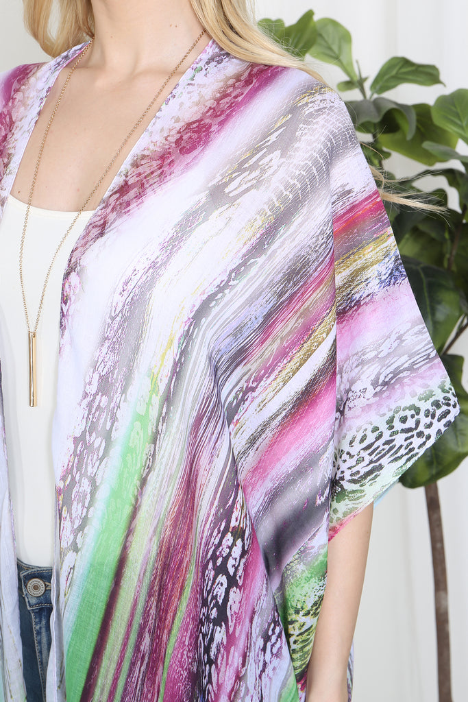 GRAIN LINE MULTICOLOR PRINT OPEN FRONT LONG KIMONO