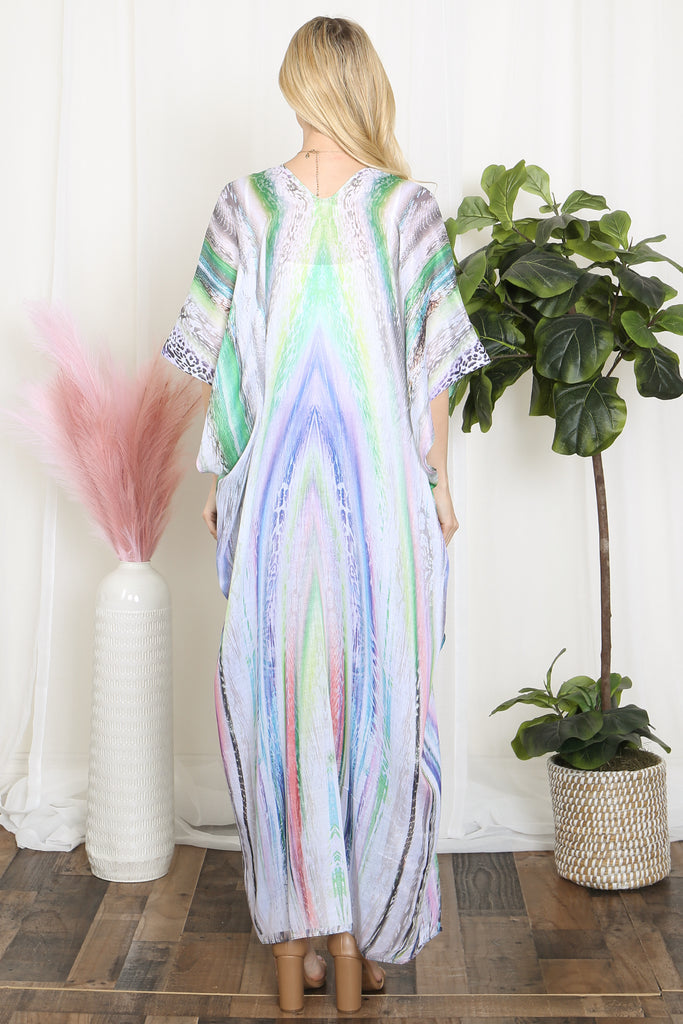 GRAIN LINE MULTICOLOR PRINT OPEN FRONT LONG KIMONO
