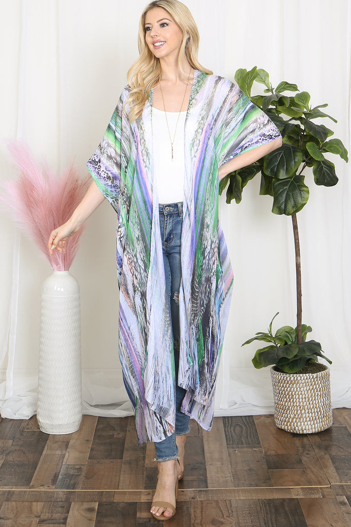 GRAIN LINE MULTICOLOR PRINT OPEN FRONT LONG KIMONO