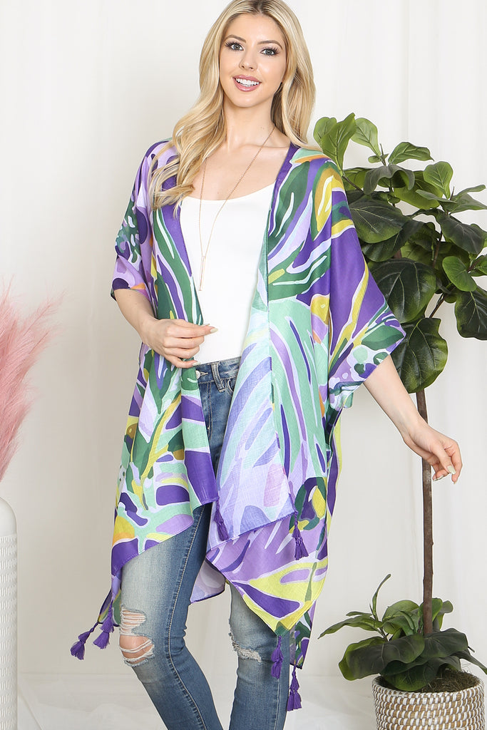 ABSTRACT TROPICAL PRINT TASSEL OPEN FRONT KIMONO