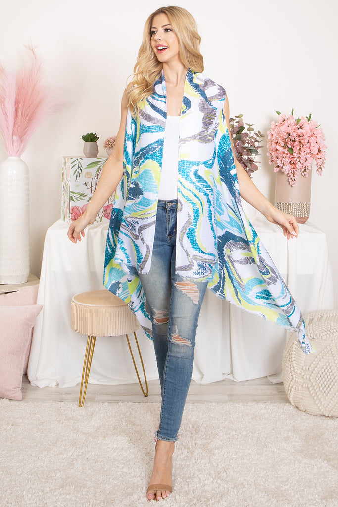 ABSTRACT PRINT KNEE LENGTH OPEN FRONT KIMONO VEST