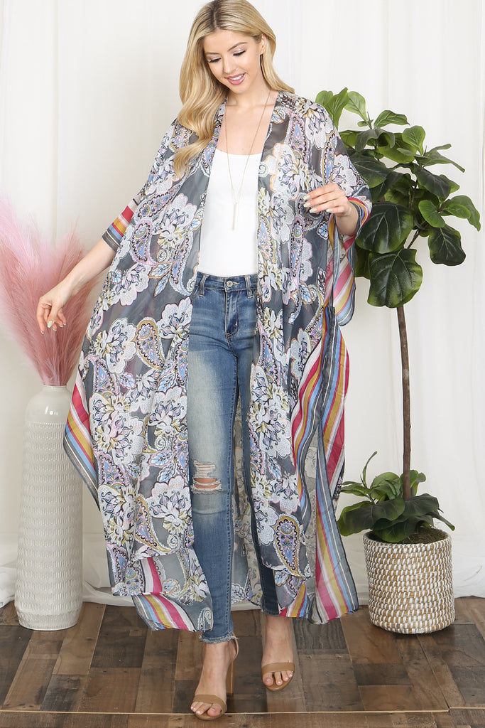 PAISLEY PRINT WITH BORDER LINE BOHO LONG KIMONO