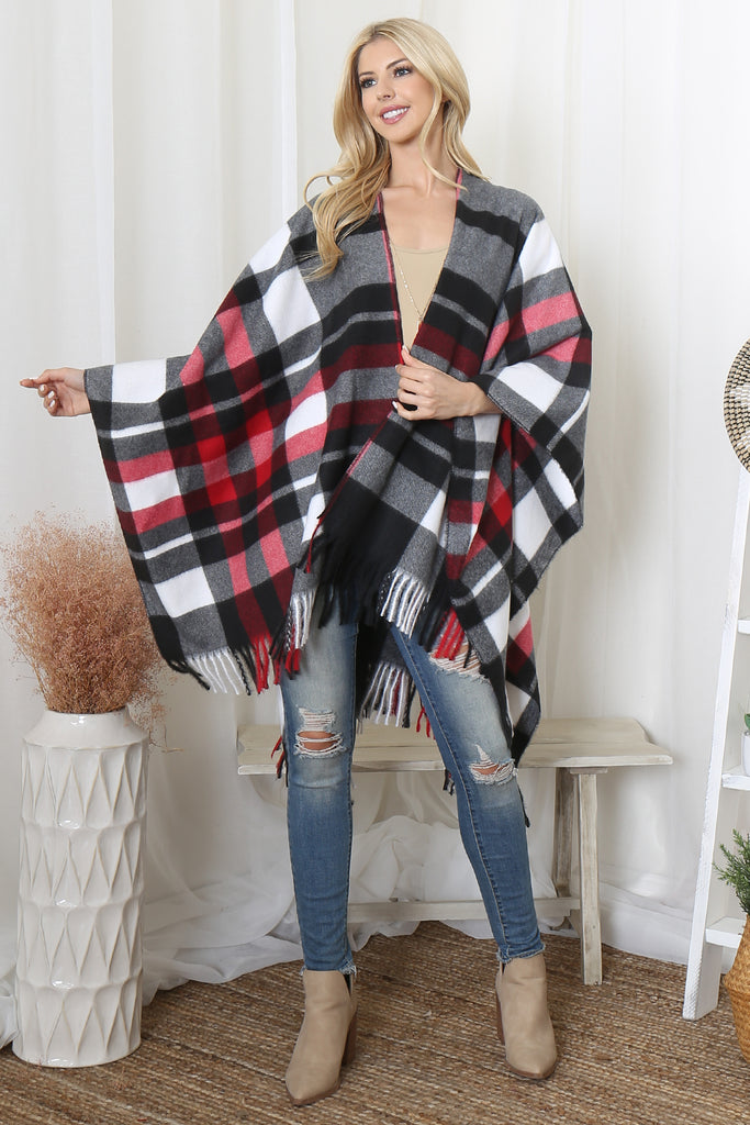 PLAID PRINT FRINGE OPEN FRONT KIMONO