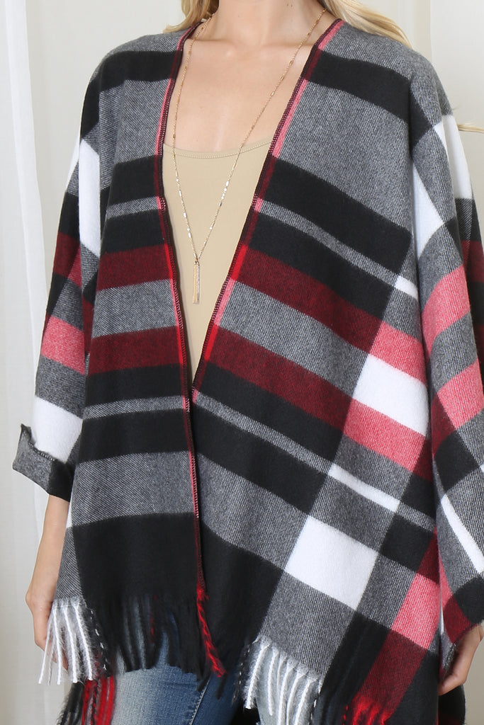 PLAID PRINT FRINGE OPEN FRONT KIMONO