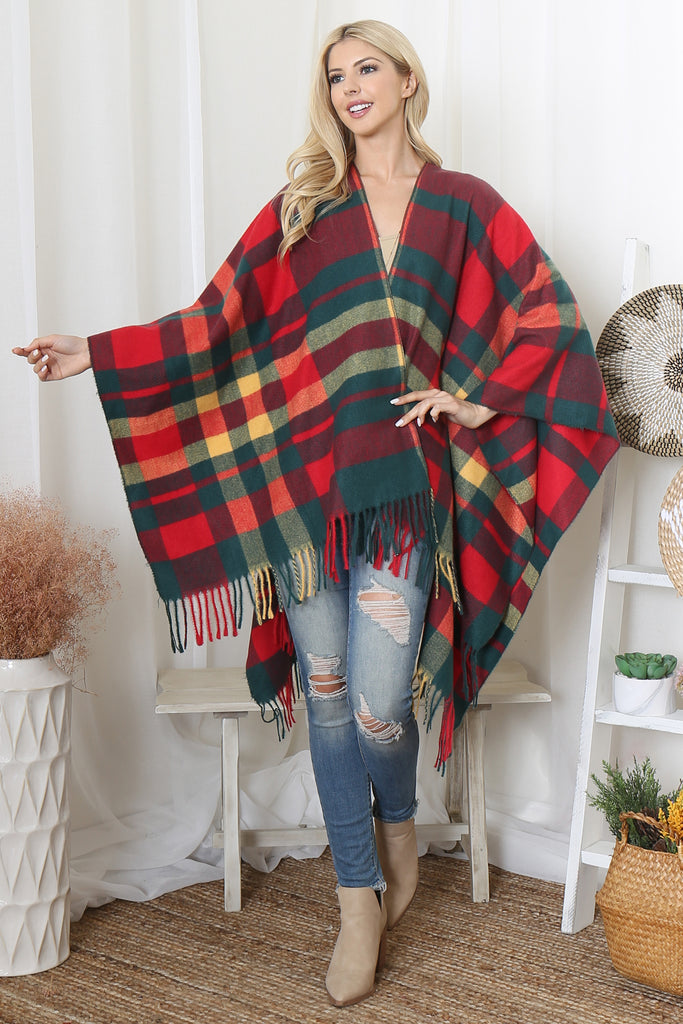 PLAID PRINT FRINGE OPEN FRONT KIMONO