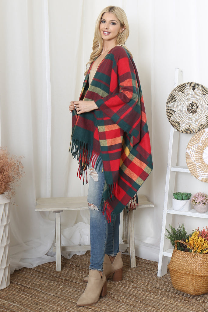 PLAID PRINT FRINGE OPEN FRONT KIMONO