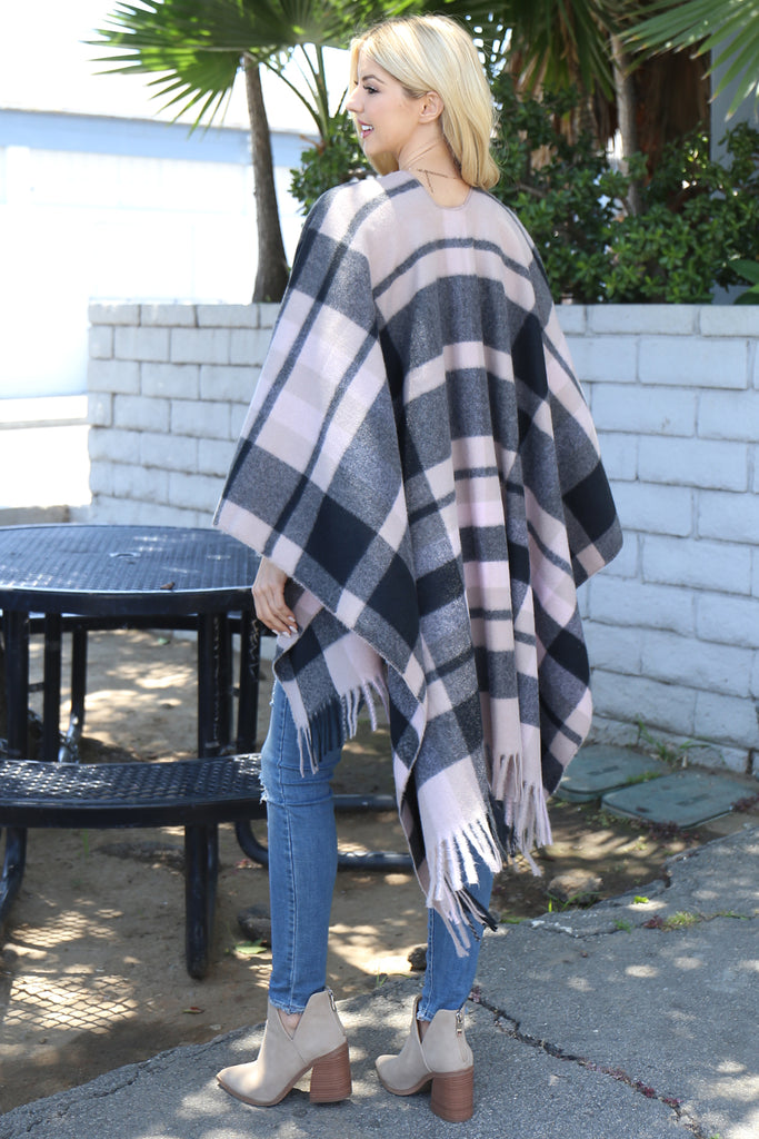 PLAID PRINT FRINGE OPEN FRONT KIMONO