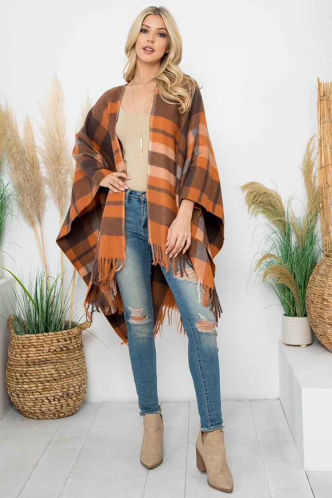 PLAID PRINT FRINGE OPEN FRONT KIMONO