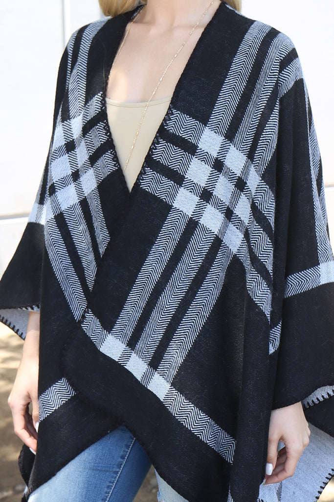 PLAID KNIT WARMER OPEN FRONT KIMONO