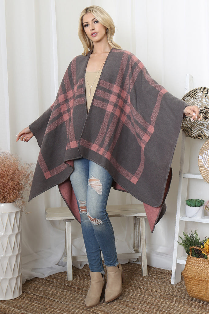PLAID KNIT WARMER OPEN FRONT KIMONO