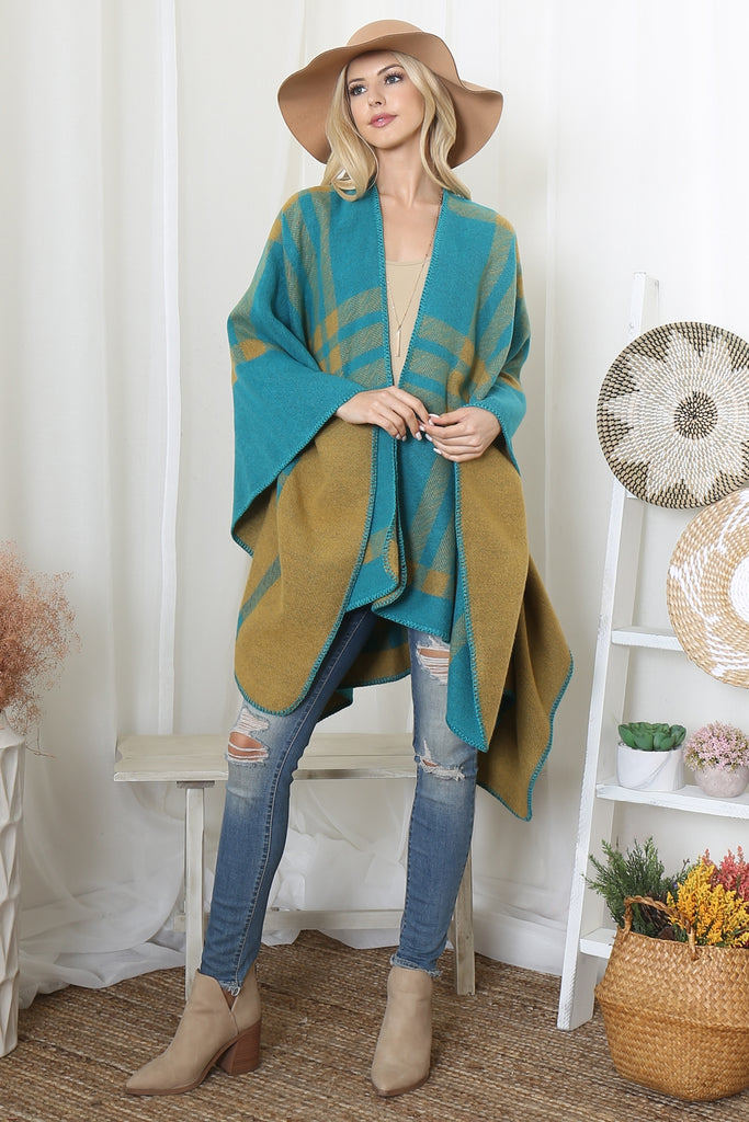 PLAID KNIT WARMER OPEN FRONT KIMONO