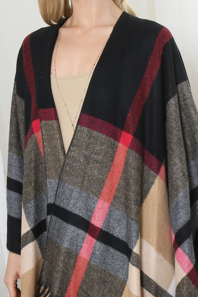 PLAID KNIT WARMER FRINGE OPEN FRONT KIMONO