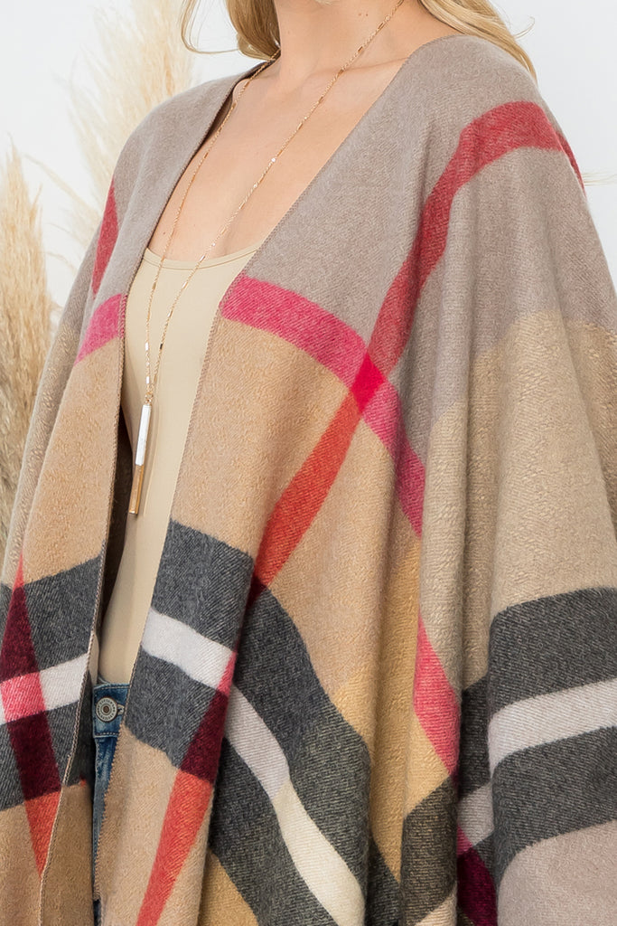 PLAID KNIT WARMER FRINGE OPEN FRONT KIMONO