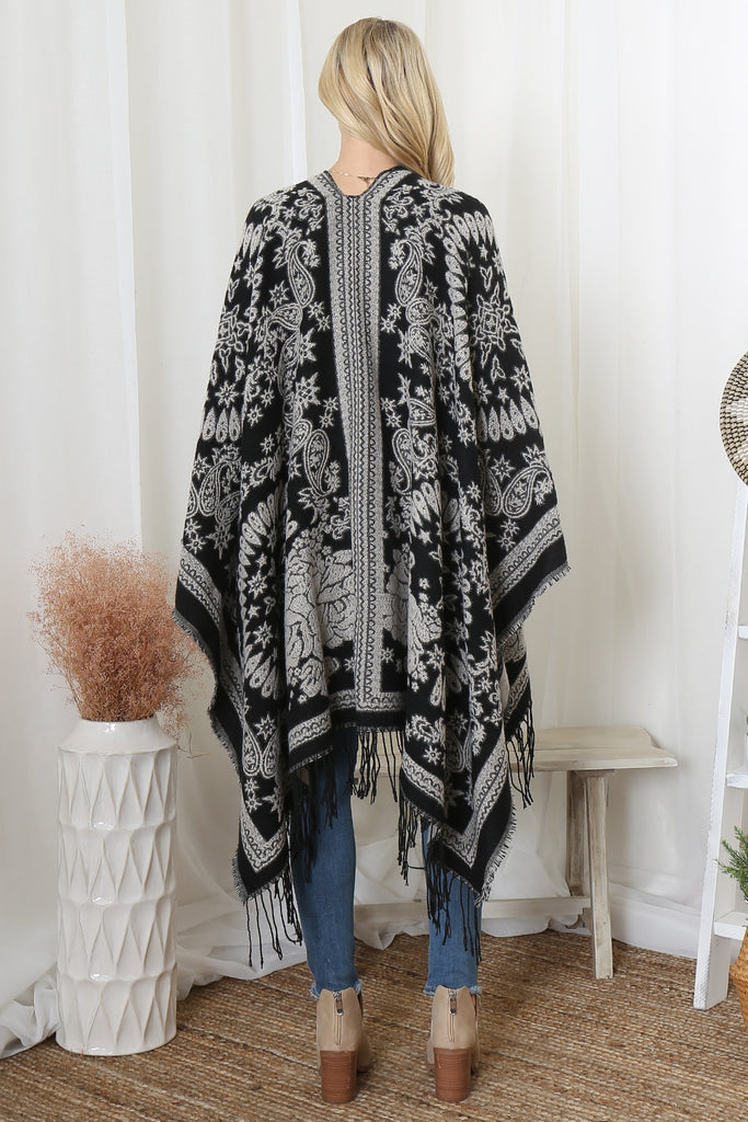 FLOWER PAISLEY FRINGE WARMER OPEN FRONT KIMONO