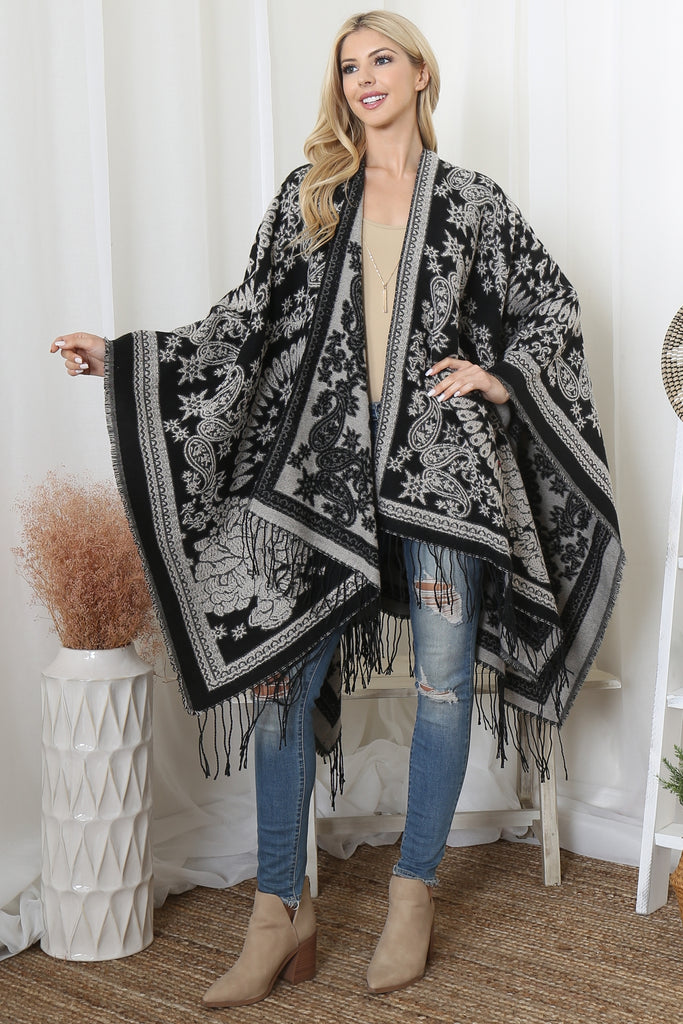 FLOWER PAISLEY FRINGE WARMER OPEN FRONT KIMONO