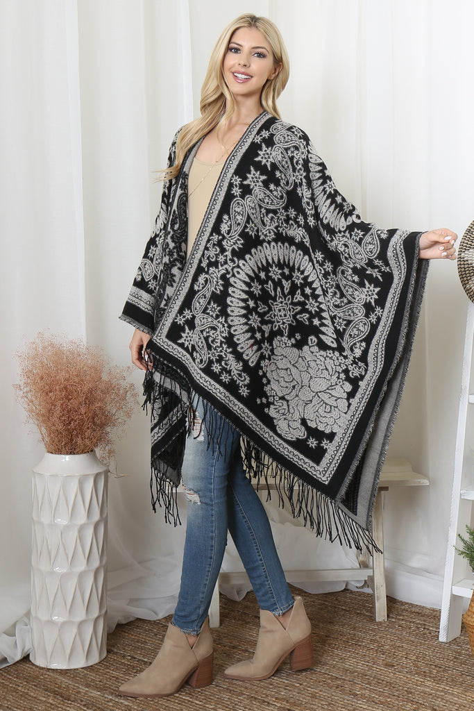 FLOWER PAISLEY FRINGE WARMER OPEN FRONT KIMONO