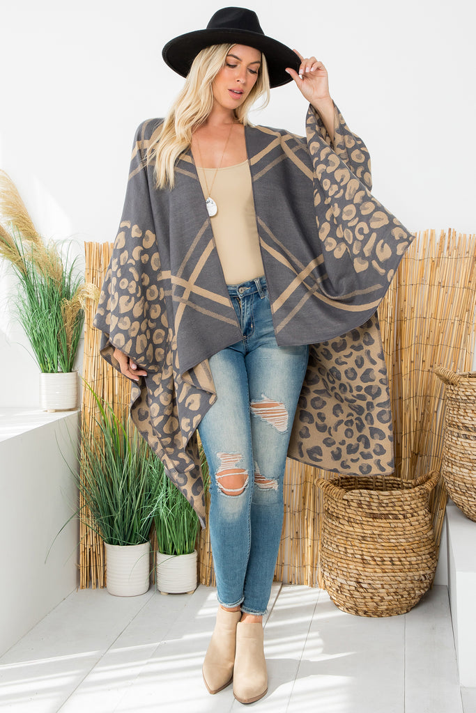 ANIMAL PRINT PLAID WARMER OPEN FRONT KIMONO
