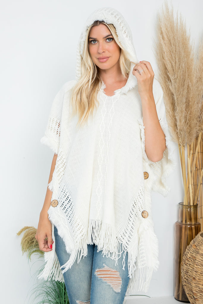 HDF4000 - DIAMOND PATTERN KNITTED FRINGE WARMER PONCHO