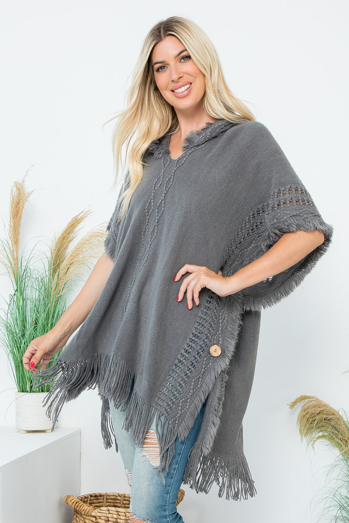 HDF4000 - DIAMOND PATTERN KNITTED FRINGE WARMER PONCHO