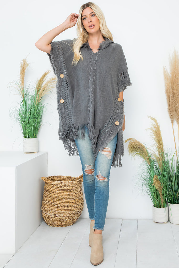 HDF4000 - DIAMOND PATTERN KNITTED FRINGE WARMER PONCHO