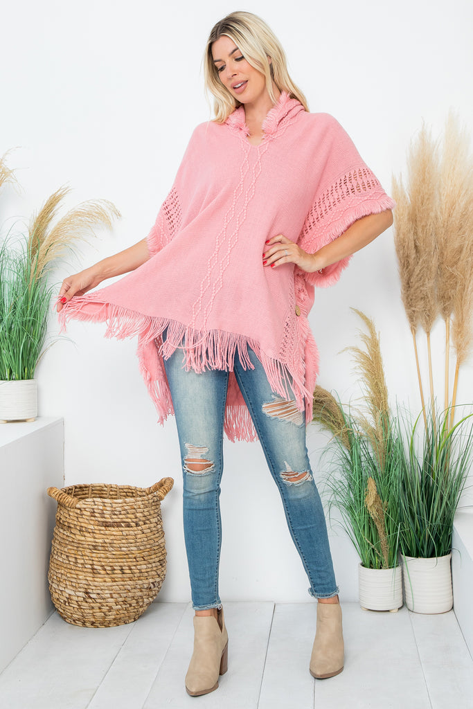 HDF4000 - DIAMOND PATTERN KNITTED FRINGE WARMER PONCHO