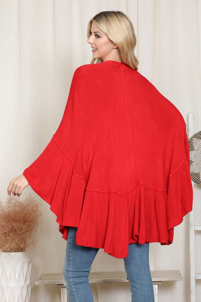 KNIT RUFFLED SOLID COLOR KIMONO