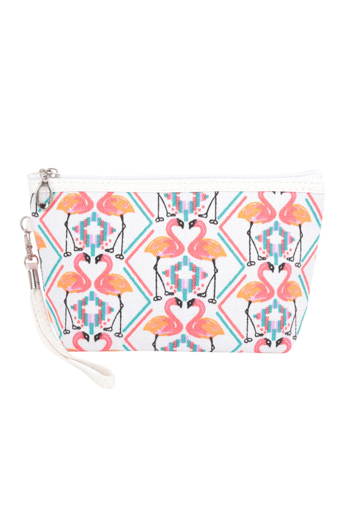 FLAMINGO PRINT COSMETIC POUCH BAG W/ WRISTLET