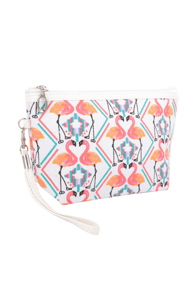 FLAMINGO PRINT COSMETIC POUCH BAG W/ WRISTLET