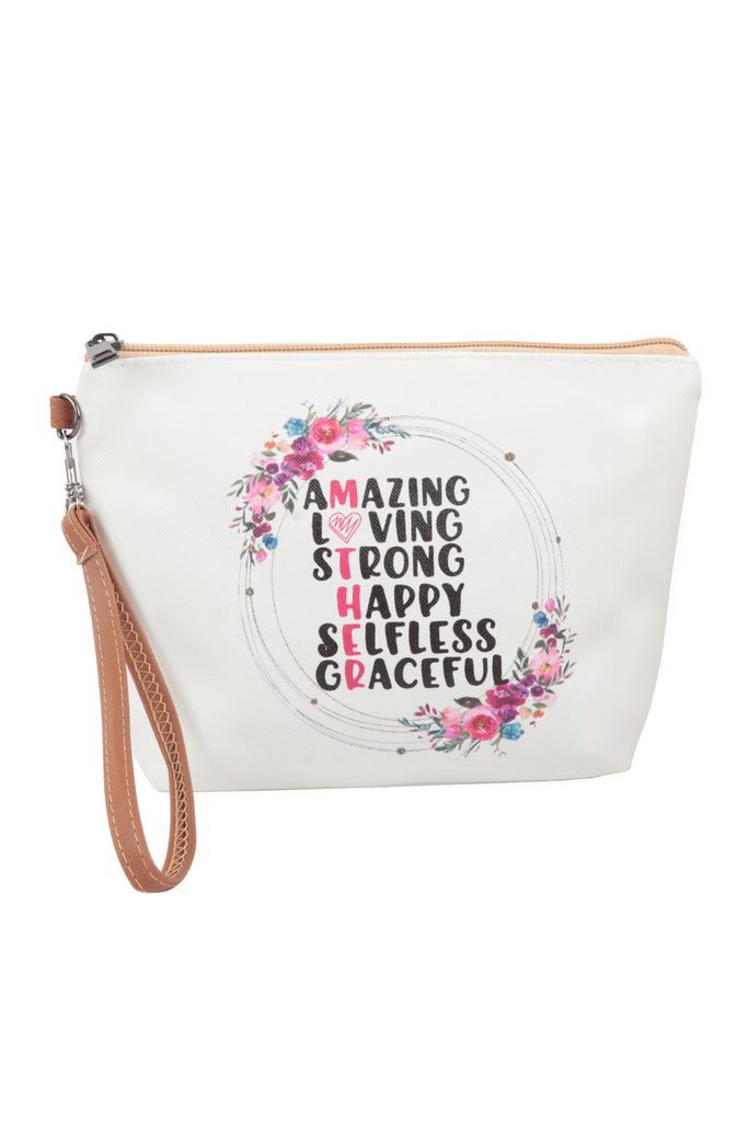AMAZING, LOVING, STRONG, HAPPY PRINT COSMETIC POUCH BAG W/ WRISTLET