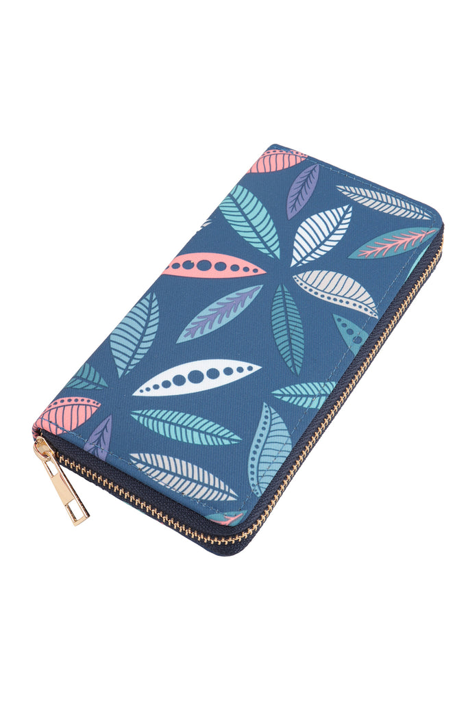 LEAF PRINT LEATHER ZIPPER WALLET